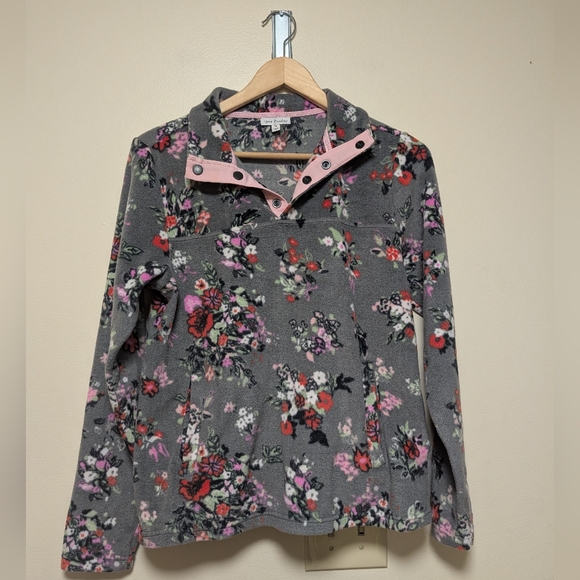 Vera Bradley Floral Snap Fleece Pullover XS Gray Pink Red Roses Cozy Top - Picture 1 of 6